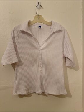 Old Navy White Ribbed Short Sleeve Button-Up Top Size XL
